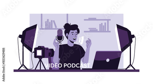 Smiling content creator records video podcast in home studio with professional equipment, sharing thoughts and ideas in a modern, engaging way.