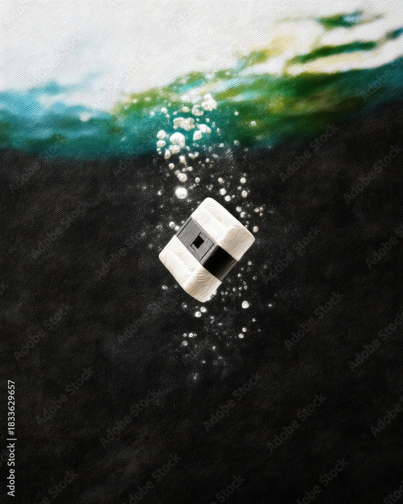 Fototapeta premium A cosmetic puff floats in water with bubbles and an abstract background. The image has a dark, moody aesthetic.
