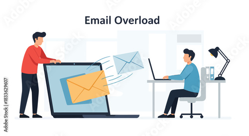 Man overwhelmed by email overload at desk, receiving many messages on laptop, feeling stressed and frustrated in modern office environment.