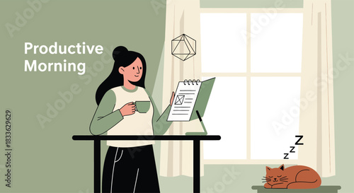 Woman reviews her todo list while standing at her desk, enjoying a cup of coffee, with her cat sleeping nearby in a cozy morning scene.