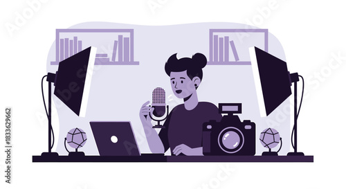 Young woman recording podcast in home studio with professional equipment and relaxed atmosphere. with vibrant colors and excellent composition.