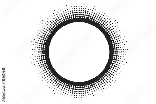 Black circular halftone pattern with radiating dots and squares on white background abstract circle