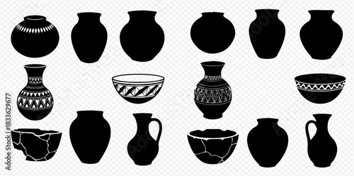A collection of various ancient and traditional pottery silhouettes, including vases, bowls, and pitchers with intricate patterns and some broken pieces.