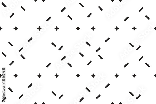 Black dashes and star shapes on white background abstract pattern vector
