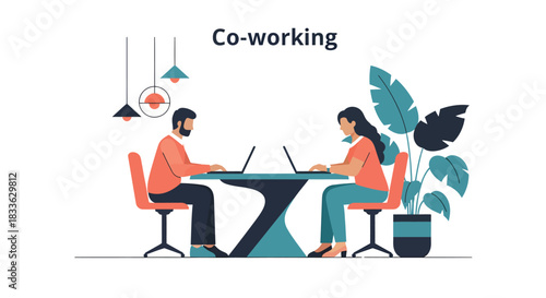 Two colleagues working together at a shared desk in a modern coworking space, fostering collaboration and productivity in a bright and airy environment.