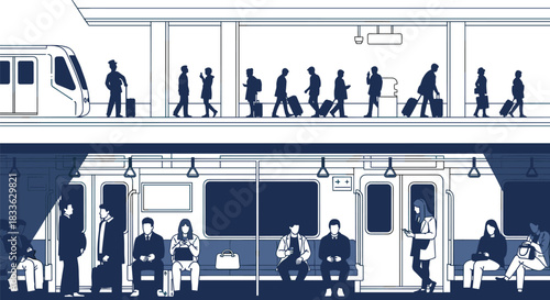 Train station platform scene with passengers and subway car interior view, flat vector illustration of public transport commuting in blue color.