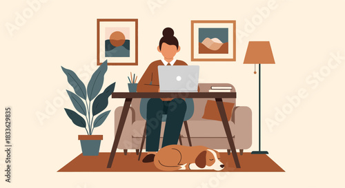 Woman working on laptop at desk in cozy living room with sleeping dog, creating a peaceful and productive atmosphere.