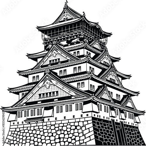 Traditional Japanese castle architecture vector illustration, black and white ink sketch of ancient Asian building with tiered roofs, isolated on white background.