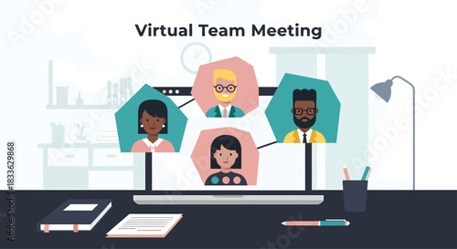 Team conducts virtual meeting on laptop screen in modern office, discussing project progress with colleagues, creating collaborative and productive atmosphere.