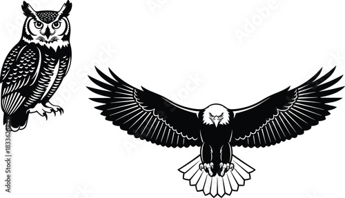 Two black and white vector illustrations featuring a perched great horned owl and flying bald eagle with spread wings, isolated on white background