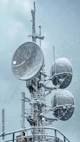 Vertical Shot. Snowy Communication Tower