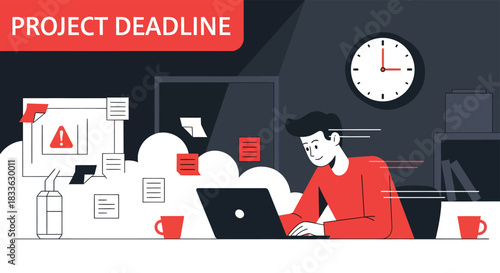 Stressed man works late at night on laptop in messy office to meet project deadline, feeling overwhelmed and anxious.