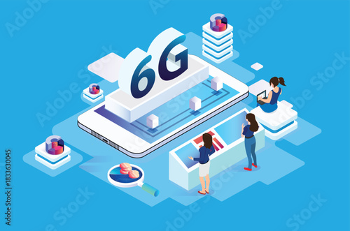 Modern isometric internet speed technology for the development of 6G communication technology. Online based vector illustration Suitable for Diagrams, Infographics, Game Assets, and Other Graphics