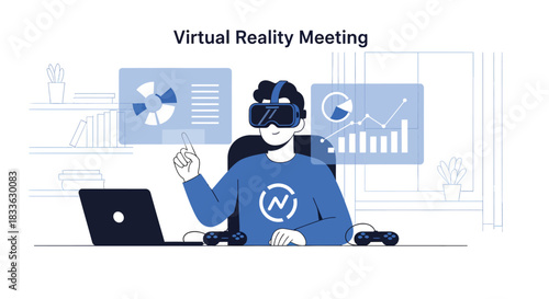 Man wearing VR headset attends virtual reality meeting at desk with laptop and charts, showcasing modern technology and remote collaboration.