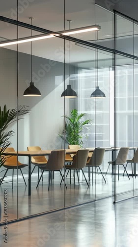 Vertical Shot. Modern Office Interior with Glass Walls