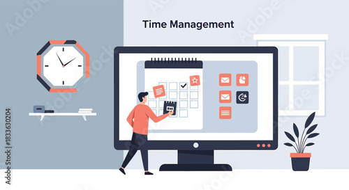 Man scheduling tasks on digital calendar displayed on computer screen in office, emphasizing productivity and time management.