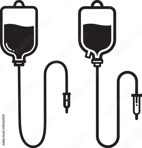 Two medical iv bags with tubes silhouette