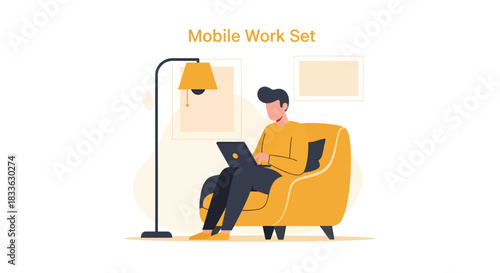 Man working on laptop while sitting in comfortable armchair at home with lamp, creating cozy and productive atmosphere.