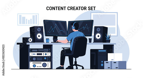 Content creator sits at desk in studio editing audio and video with dual monitors, speakers, and equipment for creative work, showcasing modern workspace.