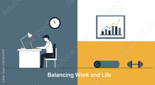 Person sitting at desk working on laptop contrasts with exercise equipment representing work life balance concept in a modern, minimalist style.