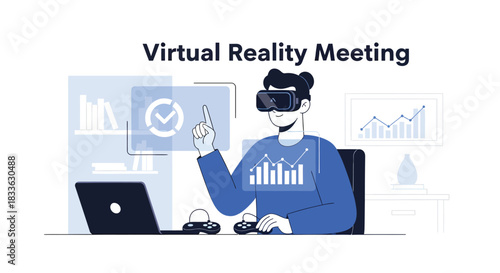 Person wearing vr headset interacts with data visualizations during virtual reality meeting in modern office, showcasing future of work and immersive technology.