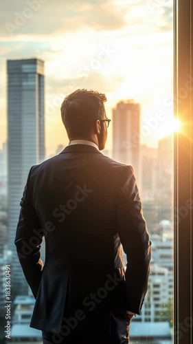 Vertical Shot. Businessman Watching Sunset