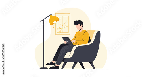 Man using tablet while sitting in armchair in cozy living room with warm lamp light, creating a relaxing and comfortable atmosphere.