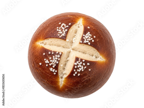 Top view of a freshly baked, dark brown lye roll or pretzel bun with a characteristic cross cut and coarse salt crystals, isolated on transparent background