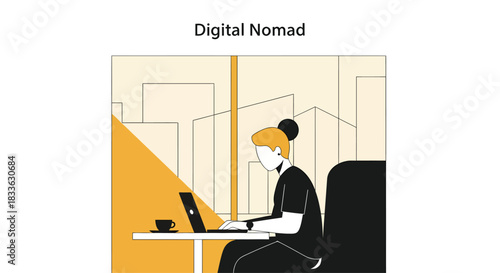 Woman working on laptop in modern cafe with coffee cup, showcasing digital nomad lifestyle and remote work flexibility.