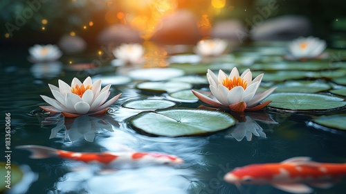 White lotus flowers in a pond with koi fish