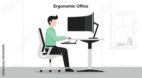 Man working at ergonomic desk in modern office promoting health and productivity with proper posture and adjustable equipment for comfortable workday.