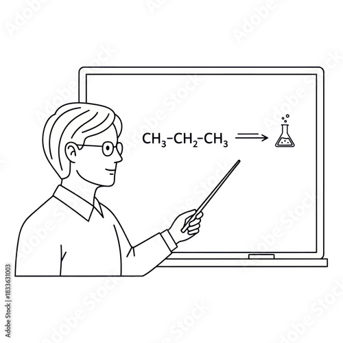 Scientist Explains Chemical Reaction with Propane Formula and Flask.