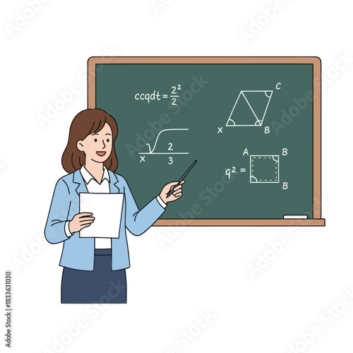 Teacher explaining math concepts on a chalkboard with diagrams and equations.