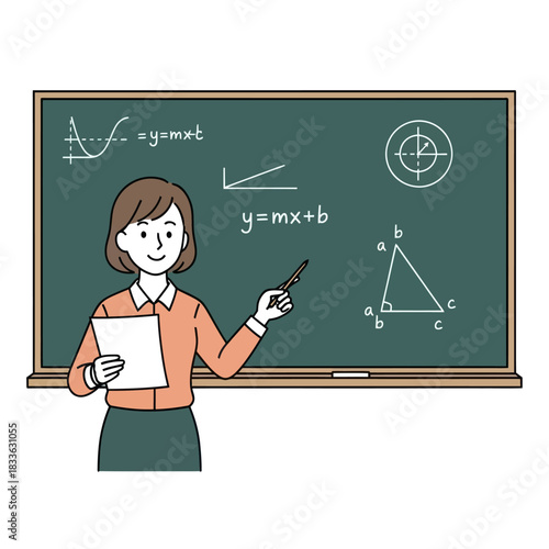 Female teacher explaining mathematics on a blackboard in classroom.