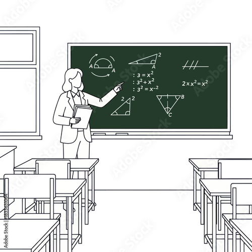 Teacher Explaining Math Formulas on Blackboard in Classroom.