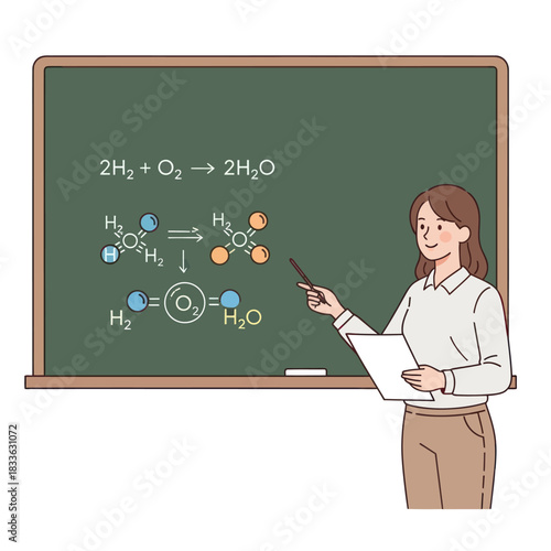 Teacher explaining chemical reaction on the blackboard in classroom.