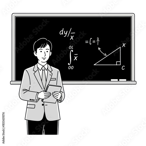Male teacher in suit holding book in front of blackboard.