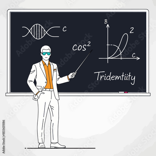 Professor teaching science and mathematics with a blackboard.