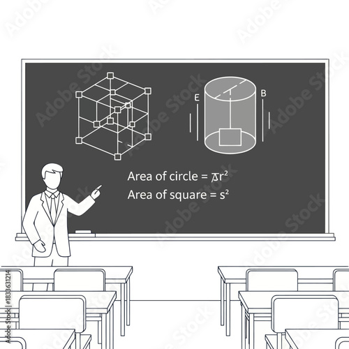 Teacher explaining geometry formulas on a chalkboard in classroom setting.