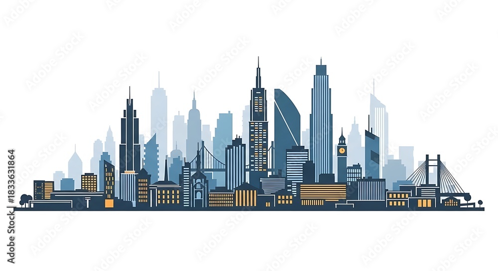 Naklejka premium Detailed Cityscape Silhouette with Modern Architecture and Bridges.