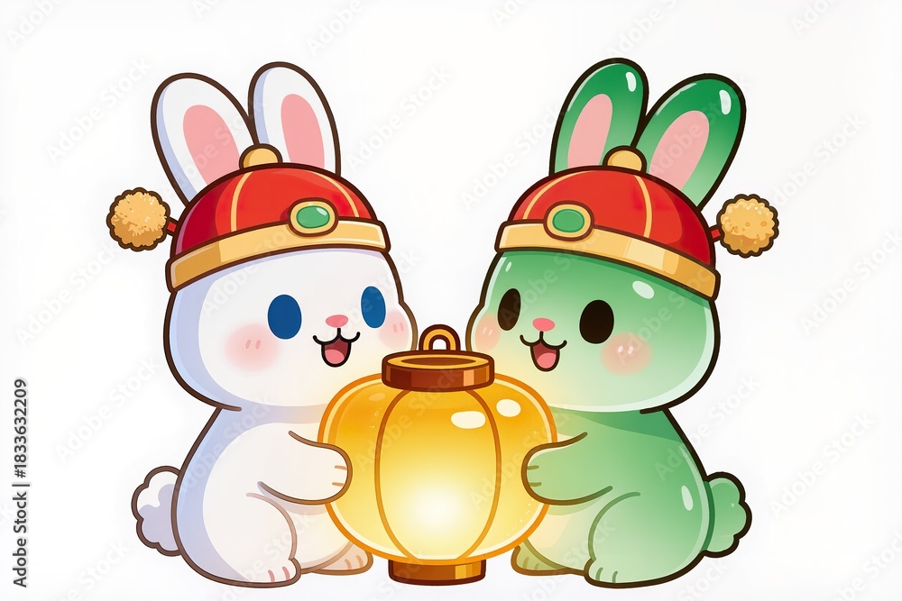Fototapeta premium Cute chibi moon rabbit and chibi jade rabbit wearing festive hats, sharing a big glowing lantern, adorable expressions, glossy collectible toy style, isolated on white background