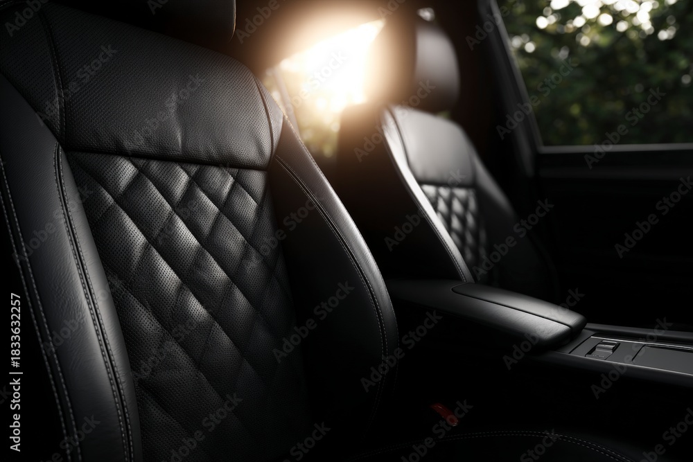 Fototapeta premium Luxurious black leather car seats display intricate diamond quilting and bright sunlight streaming through the window