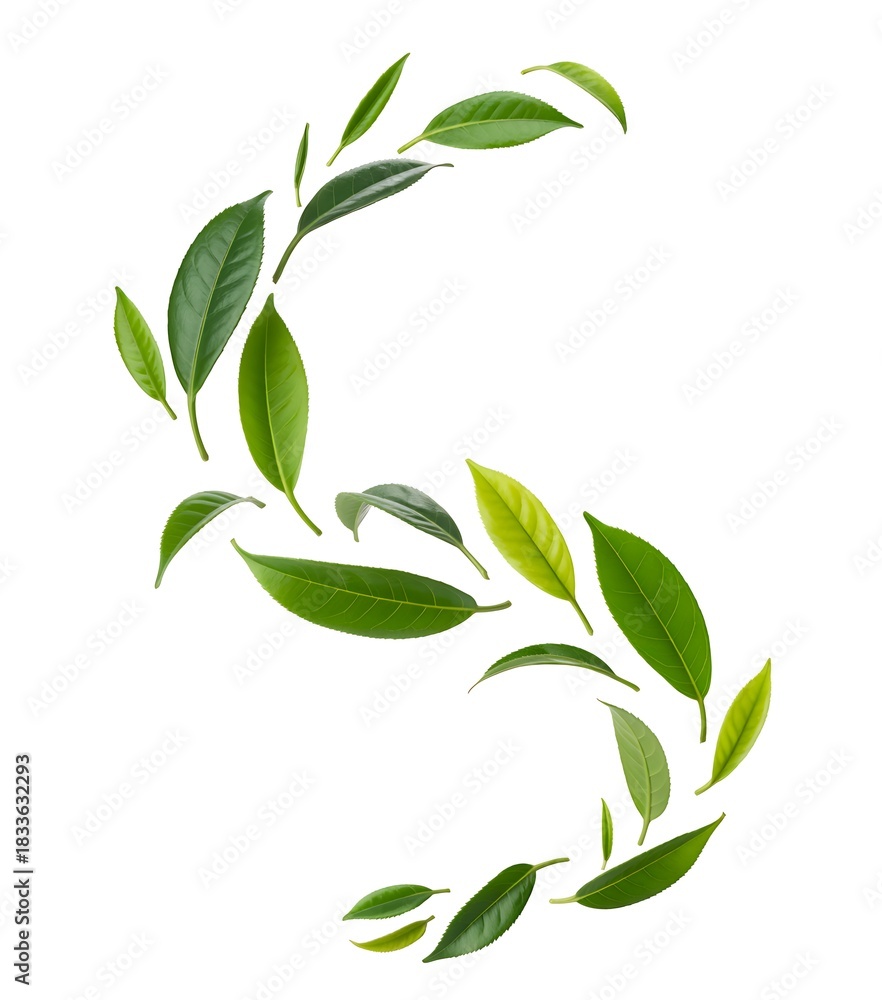 Fototapeta premium Elegant s shape formed by fresh green tea leaves arranged artistically on a white background
