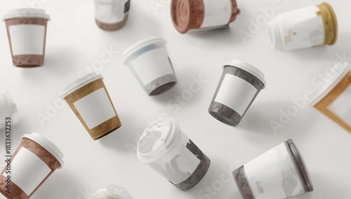 Wallpaper Mural Several disposable beverage containers in a variety of colors, featuring white lids and blank labels, are arranged on a bright white surface, casting subtle shadows and creating a visually appealing. Torontodigital.ca