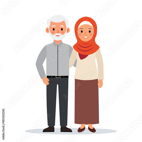 Old Muslim Husband and Wife Character Flat Cartoon Vector