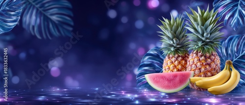 Tropical fruit arrangement featuring pineapples watermelon slice and bananas against a dark blue sparkling background