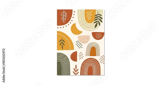 Boho Abstract Art Print with Geometric Shapes and Botanical Elements.