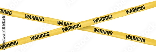 Bright yellow warning tape with black text warning repeated across the surface creating an x shape isolated on white