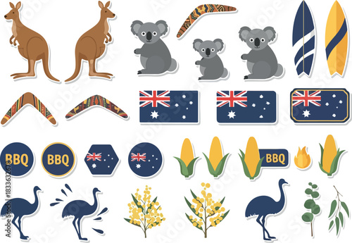 Australian Icons Native Animals, Surfboards, and National Symbols Illustration