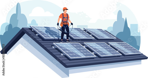 Solar Panel Installer on Roof with Safety Harness and Orange Cap.